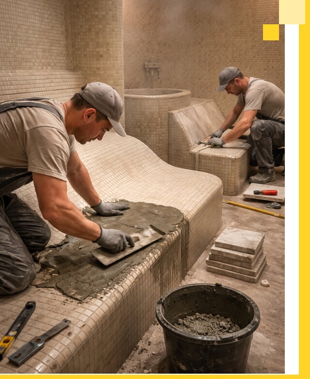 Лежаки для хамама под ключ в Твери, проект и монтаж